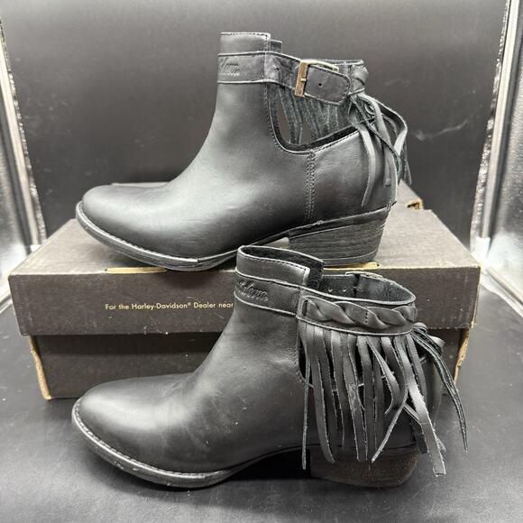 Harley Davidson Boots Womens Size 8 Amory Heeled Leather Ankle Fringe Black - Picture 2 of 9